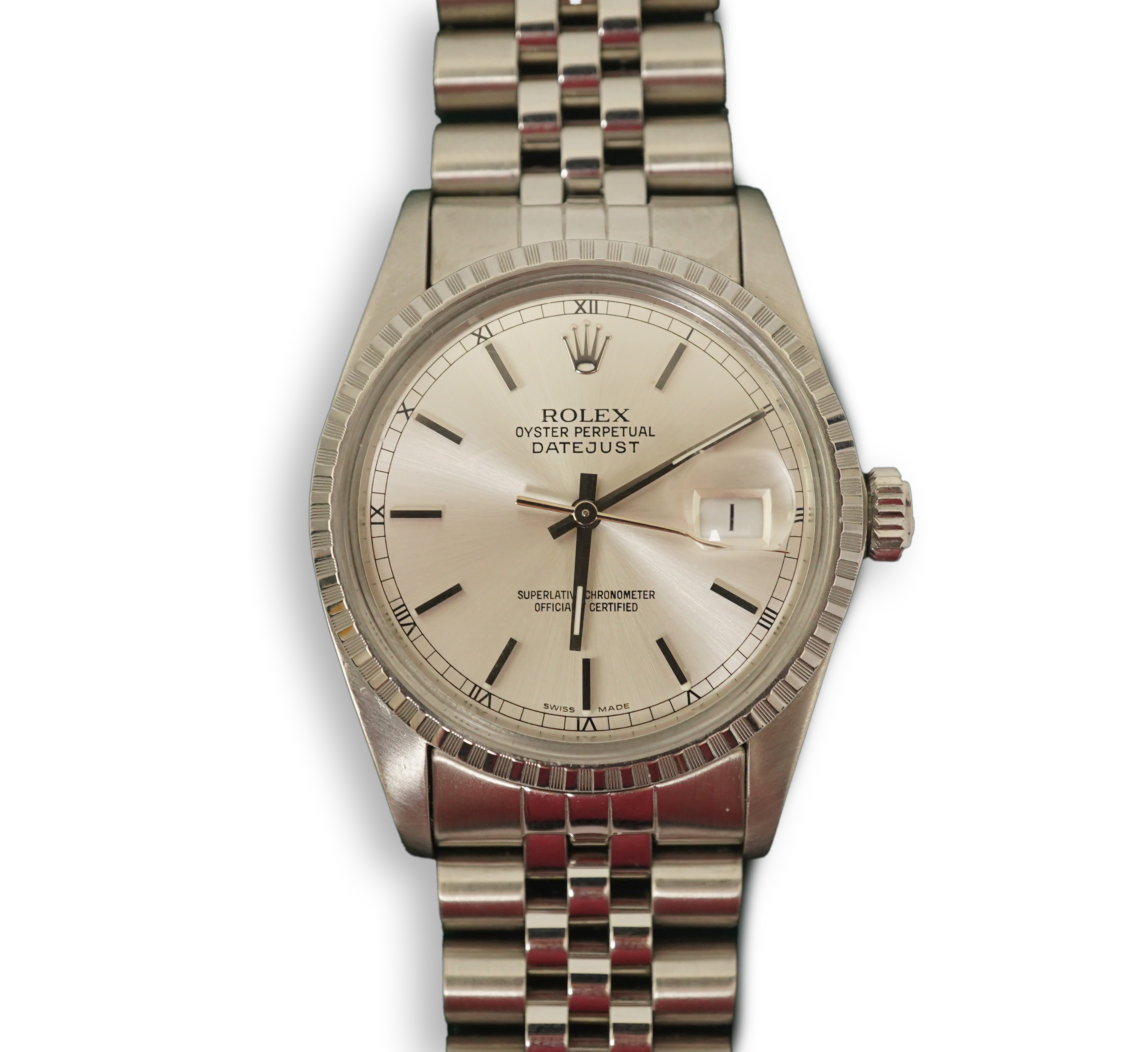 A gentleman's early 1980's stainless steel Rolex Oyster Perpetual Datejust wrist watch, on a stainless steel Rolex bracelet